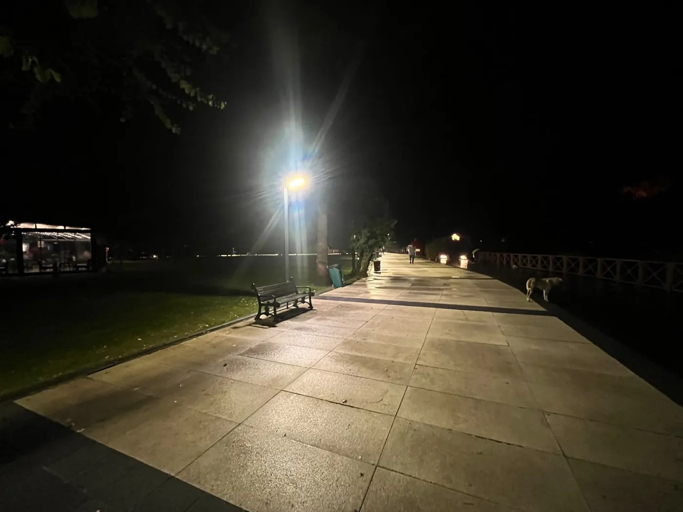 The wide riverfront walkway at night, a bench under the lamps The wide riverfront walkway at night, a bench under the lamps