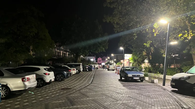 Gece Dalyan kordonunun yanındaki otopark, ileride kasaba caddesi
