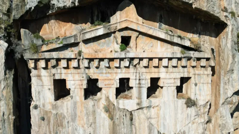 The largest Kaunos tomb seen level with its façade from the air The largest Kaunos tomb seen level with its façade from the air