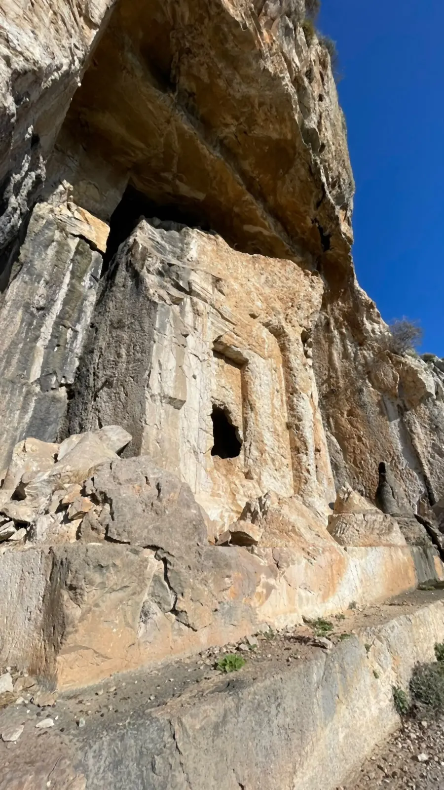 An unfinished tomb: the doorway cut, the columns never carved An unfinished tomb: the doorway cut, the columns never carved